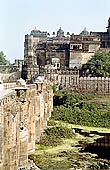 Orchha - royal citadel  palace area, from the bridge on the river Betwa